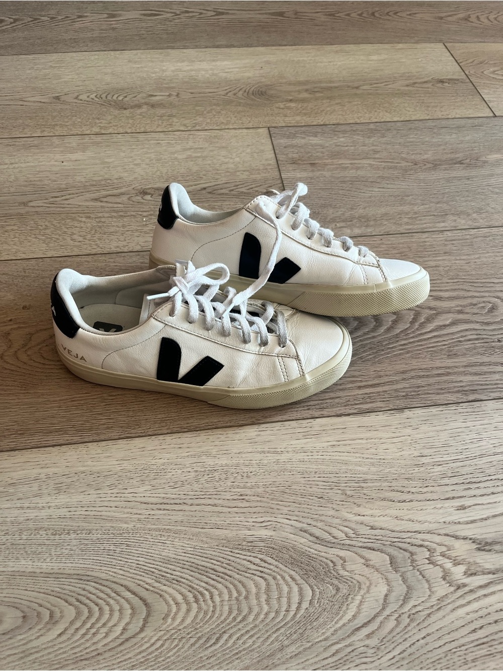 Veja Campo Leather Sneakers in White with Black V Logo